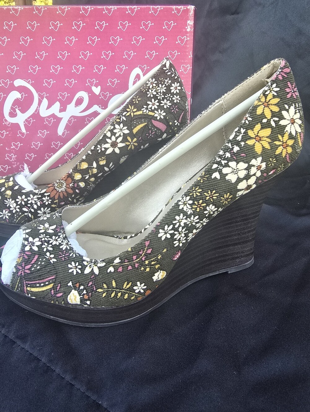 Qupid Retro Olive Floral Corduroy Peep Toe Platform Wedge Heels